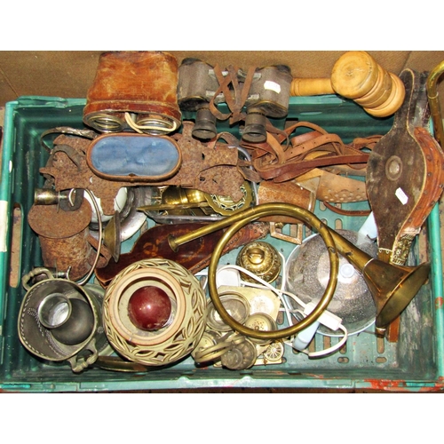 2152 - A box of miscellaneous items to include an old coach lamp, brass trumpet and horn, cased set of oper... 