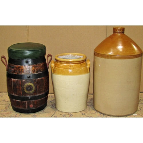 2172 - A vintage five gallon stoneware flagon, further stoneware preserve jar with moulded loop handles and... 