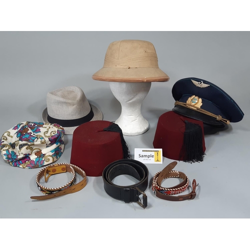 1541 - Mixed collection of vintage hats and clothes including a pith hat marked 'Airplane United Helmet MFG... 