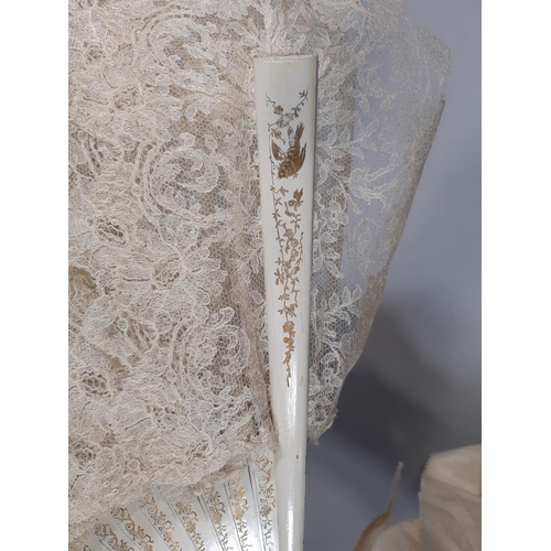 1543 - Vintage brise lace fan with painted wooden guards and sticks, each stick supporting a wide lace band... 