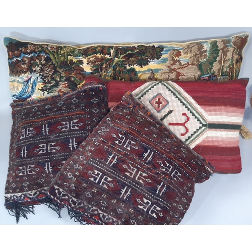 1565 - 4 large cushions including woolwork cushion 70x42cm, needlepoint cushion of coastal scene with velve... 