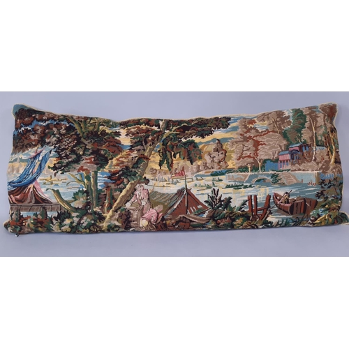 1565 - 4 large cushions including woolwork cushion 70x42cm, needlepoint cushion of coastal scene with velve... 