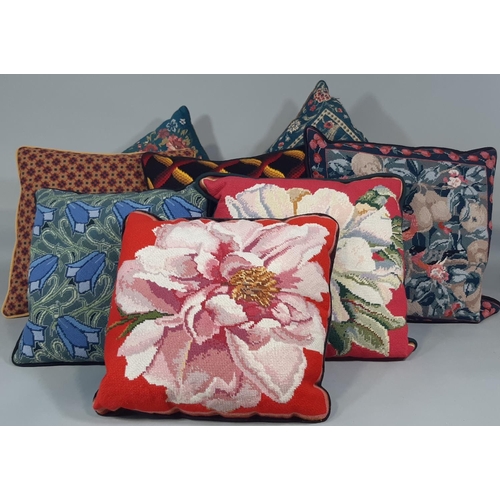 1569 - 6 modern needlepoint and 2 tapestry style cushions. CR; needlepoint cushions in good clean condition... 