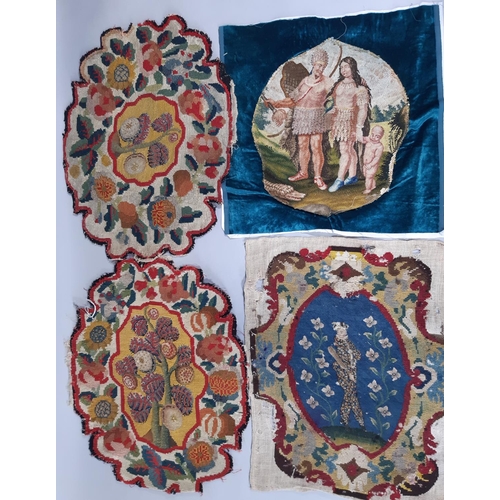 1573 - Three 19th century textile panels of oval shape, all approx 52x40cm, each with finely embroidered ce... 