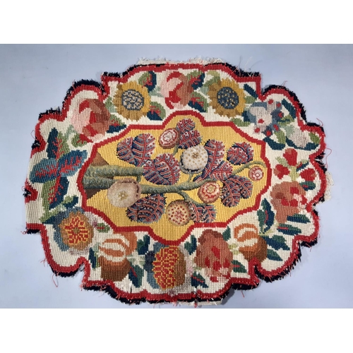 1573 - Three 19th century textile panels of oval shape, all approx 52x40cm, each with finely embroidered ce... 