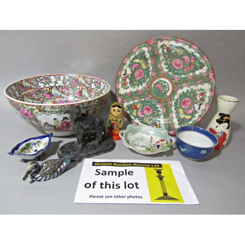 1105 - Two boxes containing a quantity of oriental ceramics including a famille rose style bowl, turquoise ... 