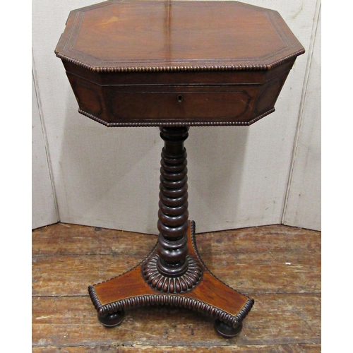 2725 - A Regency mahogany ladies sewing table of octagonal form the rising lid revealing fitted interior wi... 