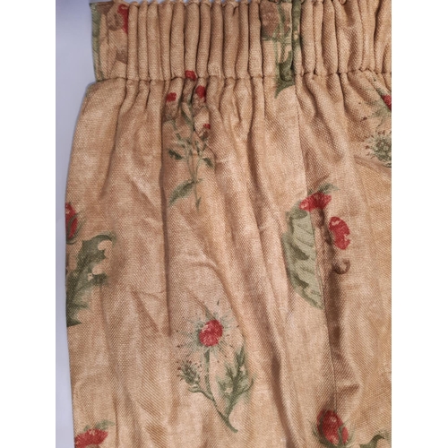 1527 - 3 pairs of heavyweight extra long curtains in hessian look fabric printed with floral motif. Curtain... 