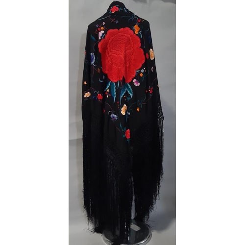 1536 - Silk piano shawl embroidered with deep red chrysanthemums on black ground, surrounded by fringe. Siz... 