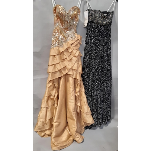 1538 - 2 strapless evening dresses by Tony Bowls, both with stayed sequinned bodice and full length skirt, ... 