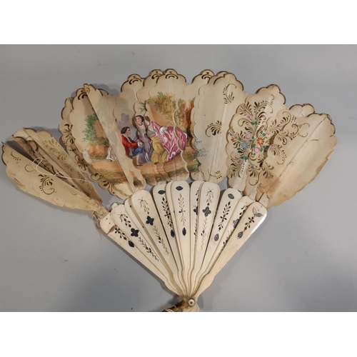 1576 - 19th century sandalwood, satin and feather fan with gilt and silvered stencilled detail, with printe... 