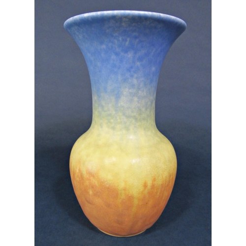 1024 - Ruskin Pottery vase with mottled and graduated matt glaze in blue, yellow and orange, with impressed... 