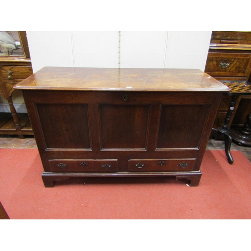 2739 - An 18th century oak mule chest with rising lid, set within a panelled framework over two frieze draw... 