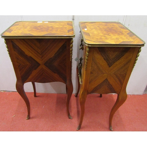 2769 - A pair of French bedside/lamp tables the rectangular top with parquetry detail fitted with two friez... 