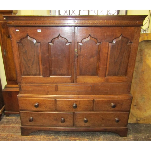 2783 - 18th century Welsh oak cupboard, the lower section enclosed by an arrangement of five drawers, the u... 