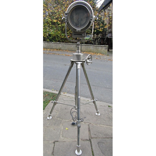 2789 - A large vintage style electric floorstanding drum shaped theatre light raised on a folding and heigh... 