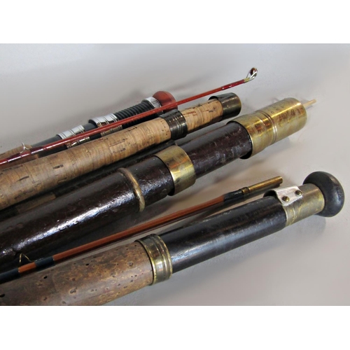 Four Trout fishing rods: Hamlin of Cheltenham rod 8ft 6 long, an A.E. Rudge  & Son of Redditch, 8ft 6