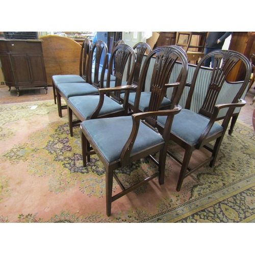 1506 - A set of eight (2+6) Hepplewhite style mahogany dining chairs with carved and pierced splats with wh... 