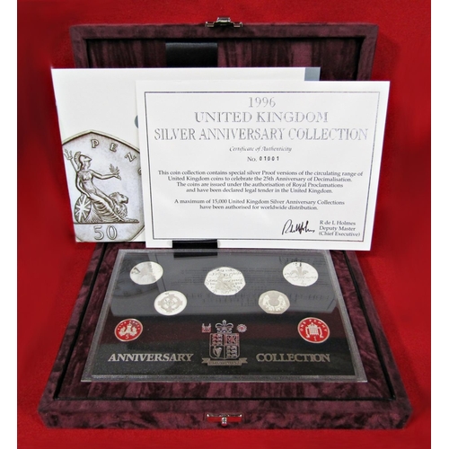 425 - 1996 UK silver Anniversary Collection, 7 silver coins, one pound, one penny, proof standard with pre... 