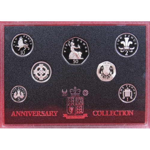 425 - 1996 UK silver Anniversary Collection, 7 silver coins, one pound, one penny, proof standard with pre... 