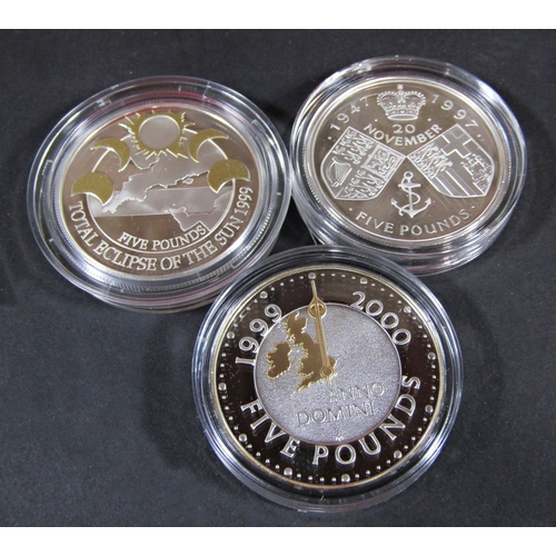 431 - Three silver proof £5 coins, struck by The Royal Mint 1997, 1999 and 2000