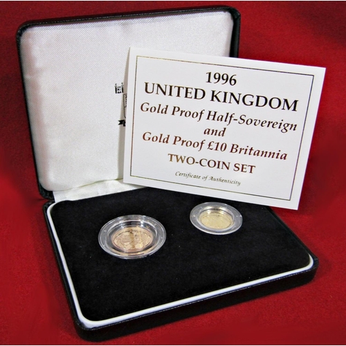 433 - 1996 proof half Sovereign and gold proof £10 Britannia, two coin set with presentation case and lite... 