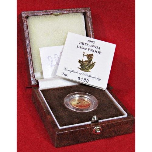 434 - 1992 Britannia 1/10 ounce proof coin, limited to 1,000 with presentation case and literature