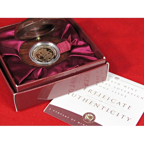 435 - The Perth Mint Centenary proof Sovereign 1999 with timber presentation case and literature, limited ... 