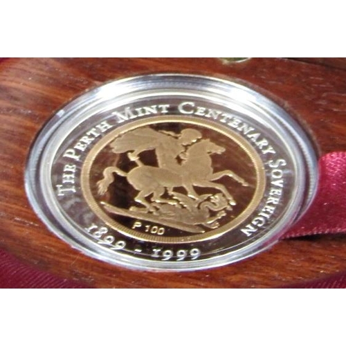 435 - The Perth Mint Centenary proof Sovereign 1999 with timber presentation case and literature, limited ... 