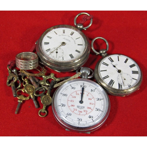 453 - Two silver cased pocket watch, Helier stop watch (3)