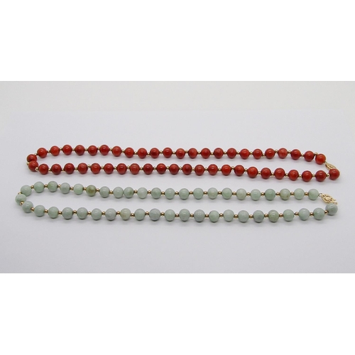 326 - Two hardstone bead necklaces with 14ct clasps (2)