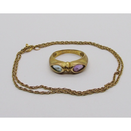 328 - 9ct pear cut gem dress ring set with amethyst and spinel, size O and a 9ct rope twist chain necklace... 