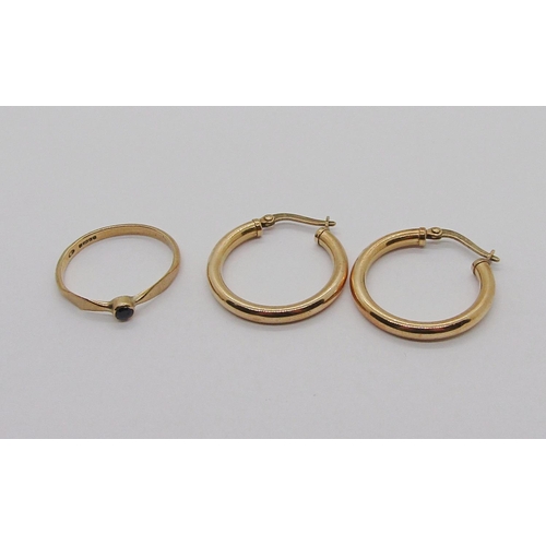 332 - Pair of 9ct hoop earrings and a 9ct sapphire ring, 3.1g total (3)