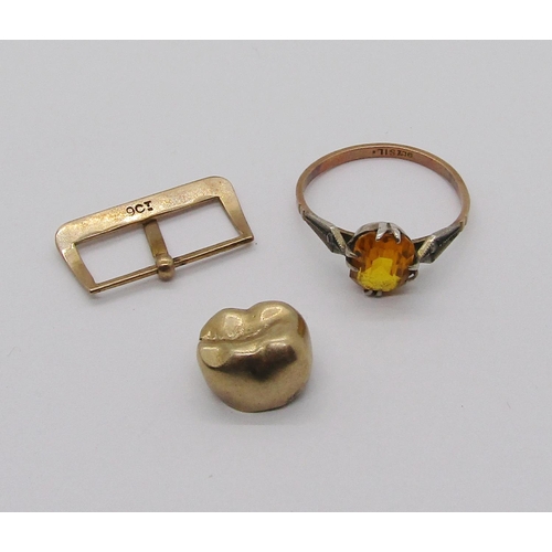 336 - A gold tooth together with a 9ct watch buckle and a 9ct silver set citrine ring, 6.3g total gross (3... 