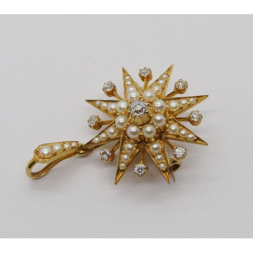 339 - Good quality Victorian 18ct starburst pendant / brooch set with diamonds and graduated seed pearls, ... 