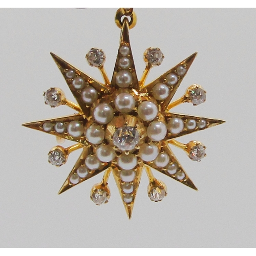 339 - Good quality Victorian 18ct starburst pendant / brooch set with diamonds and graduated seed pearls, ... 