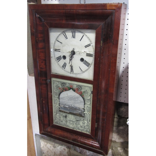 415 - An early American Ogee clock, detailed front glass depicting Albany, New York, hour strikes on a gon... 