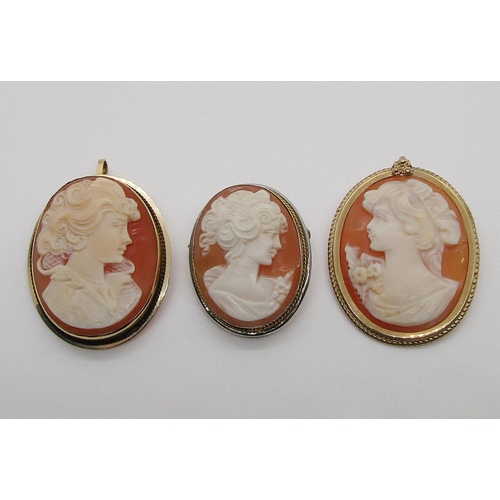 348 - Three vintage cameo brooches; a 14ct (5.7g), a 9ct (6.4g) and a 900 silver example (3)