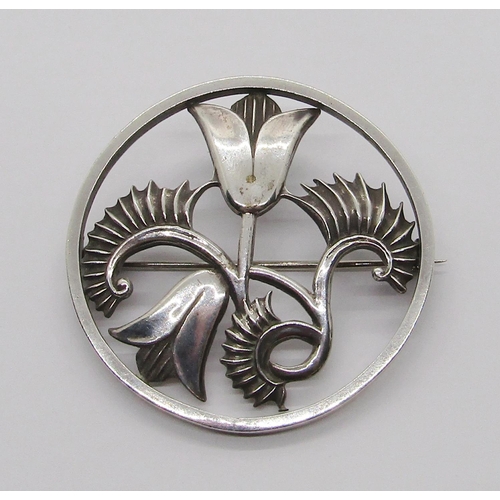 357 - Geoffrey Bellamy for George Tarratt - silver brooch of stylised floral design, no.124, 4.5cm diamete... 