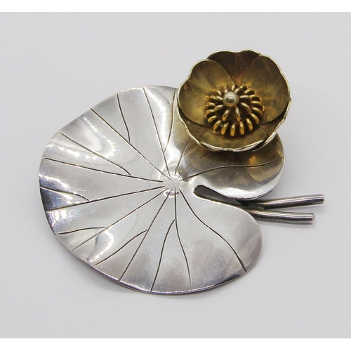 360 - Danish silver lily pad brooch with detachable gilt water lily, by Gertrude Engel for Anton Michelsen... 