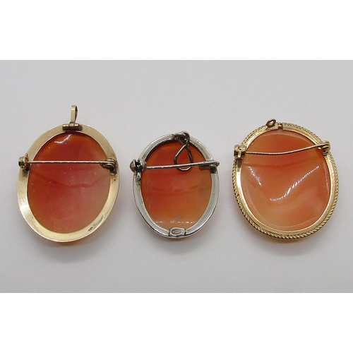 348 - Three vintage cameo brooches; a 14ct (5.7g), a 9ct (6.4g) and a 900 silver example (3)