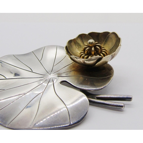 360 - Danish silver lily pad brooch with detachable gilt water lily, by Gertrude Engel for Anton Michelsen... 