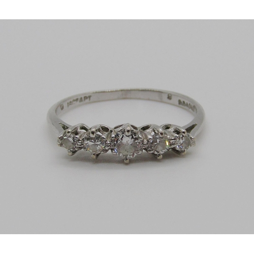 350 - 18ct white gold five stone diamond ring, centre stone 0.15cts approx, maker 'S.B&SLD', possibly for ... 