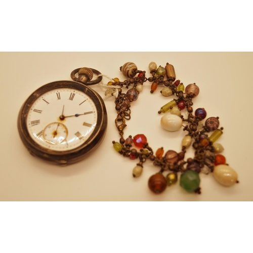 392 - A silver cased pocket watch (af) together with a small bracelet with amethyst coloured and other gla... 