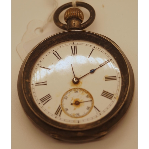 392 - A silver cased pocket watch (af) together with a small bracelet with amethyst coloured and other gla... 