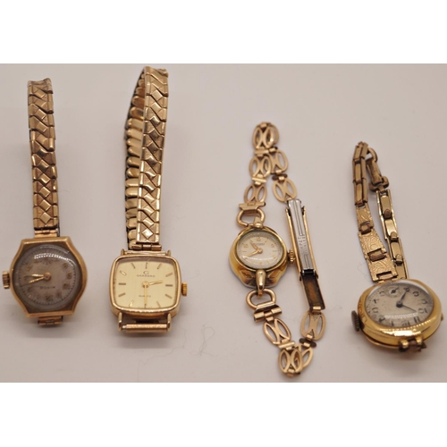 396 - A vintage ladies 18ct watch, a 9ct gold Hirco ladies watch, a further 9ct Garrard example and a plat... 