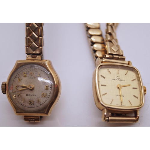 396 - A vintage ladies 18ct watch, a 9ct gold Hirco ladies watch, a further 9ct Garrard example and a plat... 