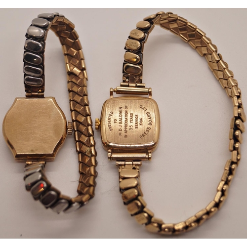 396 - A vintage ladies 18ct watch, a 9ct gold Hirco ladies watch, a further 9ct Garrard example and a plat... 