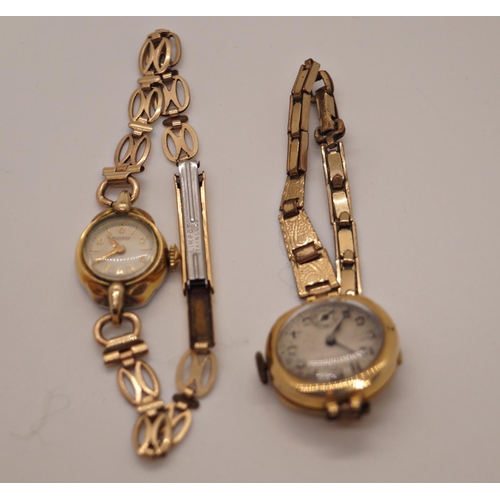 396 - A vintage ladies 18ct watch, a 9ct gold Hirco ladies watch, a further 9ct Garrard example and a plat... 