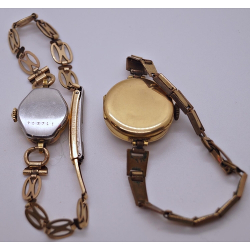 396 - A vintage ladies 18ct watch, a 9ct gold Hirco ladies watch, a further 9ct Garrard example and a plat... 